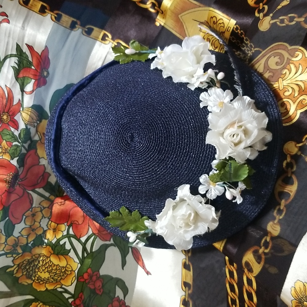 Vintage navy blue straw hat - Picture 2 of 4